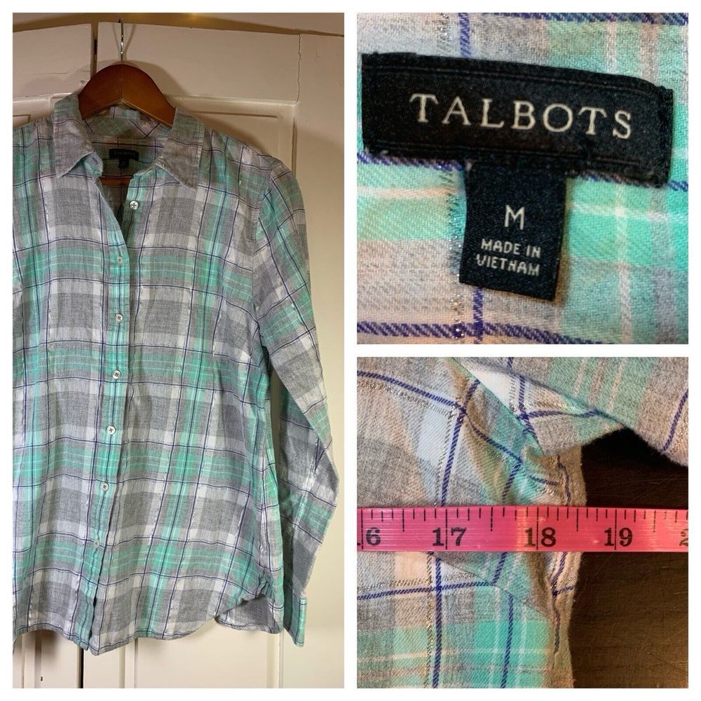 Talbots Shirt Womens Medium Plaid Pastel Metallic Preppy Classic Church Casual